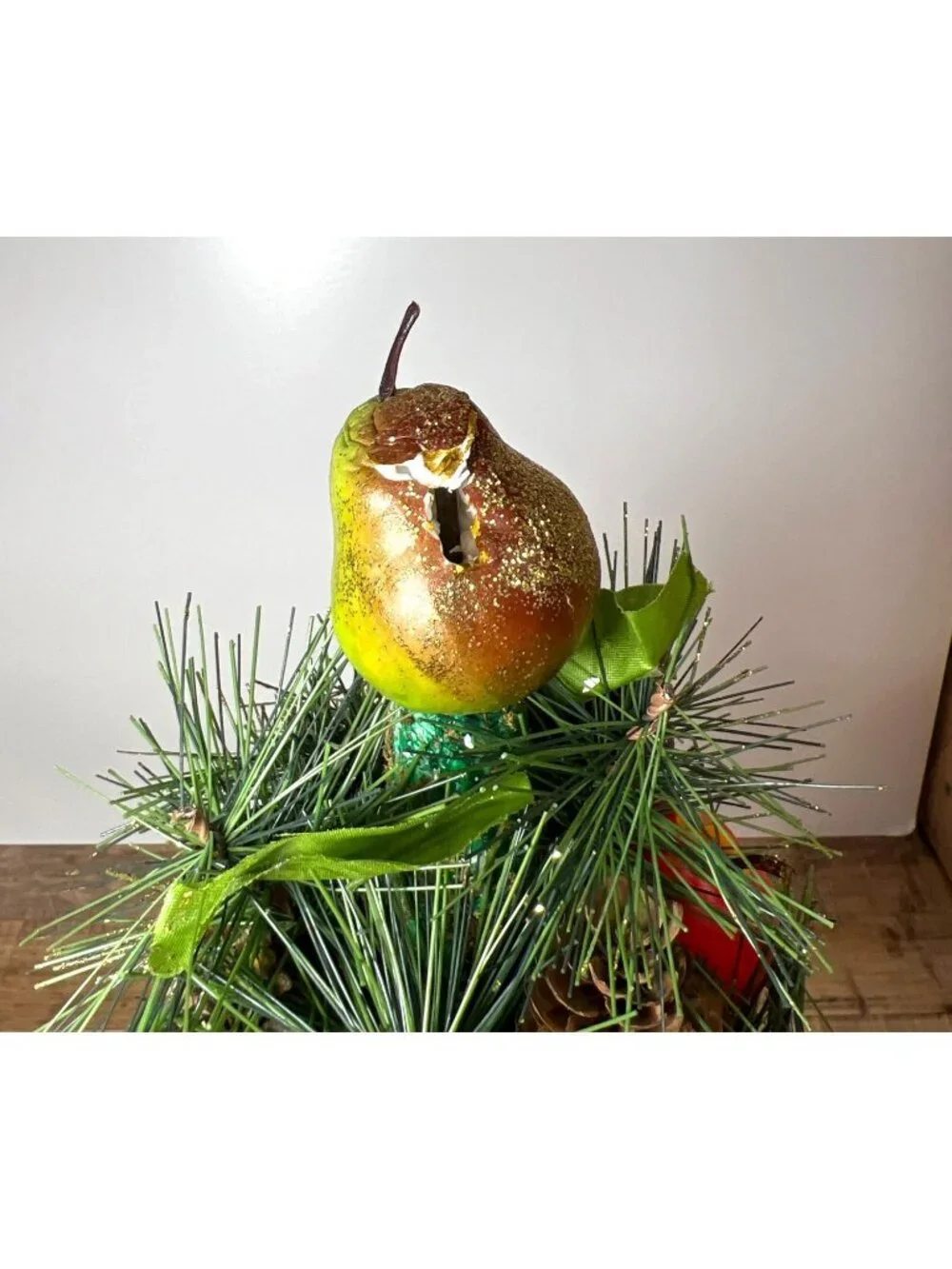 Holiday Centerpiece Pinecone Tree With Faux Fruit & Greenery Accents Glitter 17